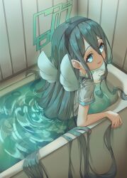  1girl :d absurdres alternate_costume angel aqua_hair aqua_halo aqua_pupils aris_(blue_archive) bathtub black_hairband blue_archive blue_eyes commentary cowboy_shot double-parted_bangs from_above from_side hair_between_eyes hair_flowing_over hairband halo highres hoshimiya310 in_bathtub indoors long_hair long_hair_between_eyes long_sidelocks looking_to_the_side looking_up loosely_tucked_bangs mini_wings parted_lips partially_submerged rectangular_halo shirt short_sleeves sidelocks smile solo turning_head very_long_hair water white_shirt white_wings wings 