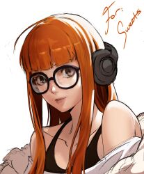  absurdres ahoge bare_shoulders behind-the-head_headphones blunt_bangs closed_mouth collarbone glasses headphones highres hime_cut jiejiepen lips lipstick long_hair makeup off-shoulder_jacket off-shoulder_shirt off_shoulder orange_hair parka persona persona_5 sakura_futaba shirt tank_top thick_lips violet_eyes white_shirt 