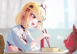  1girl :d ahoge bento black_choker blonde_hair choker chromashift classroom collared_shirt commentary_request ear_piercing food from_side fueppu hair_ornament heart heart_choker highres holding indoors long_sleeves open_mouth piercing pointy_ears red_eyes ruby_runeheart school_uniform shirt smile solo virtual_youtuber white_shirt 