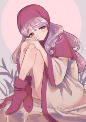 1girl capelet curly_hair dragon_quest dragon_quest_ii dress hands_on_own_knees head_on_knees highres hood hood_up hooded_capelet long_hair long_sleeves looking_to_the_side princess_of_moonbrook purple_hair red_eyes red_hood red_shoes shoes simple_background sitting smile solo takahashi_kouta white_dress 