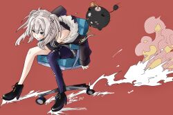  1girl absurdres ahoge animal_ears blush blush_stickers boots breasts chair commentary_request creature dress dust_cloud from_side full_body fur-trimmed_jacket fur_trim grey_dress grey_eyes grey_hair halftone hatching_(texture) high_heel_boots high_heels highres hololive jacket large_breasts leaning_forward lion_ears lion_girl lit_fuse long_hair looking_ahead mori_nox motion_lines office_chair open_clothes open_jacket pantyhose red_background shishiro_botan shishiro_botan_(1st_costume) single_leg_pantyhose sleeveless sleeveless_dress smile solo ssrb_(shishiro_botan) swivel_chair torn_clothes torn_pantyhose virtual_youtuber 