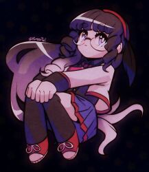  1girl black_background black_hair black_shirt black_thighhighs blue_eyes blue_skirt chibi collared_shirt drill_hair drill_sidelocks eva_tsunaka glasses gradient_hair hairband hands_on_own_knees highres jacket long_hair multicolored_hair necktie nifast_(greentail) project:_eden's_garden red_hairband red_shoes shirt shoes sidelocks simple_background skirt solo thigh-highs very_long_hair white_hair white_jacket 
