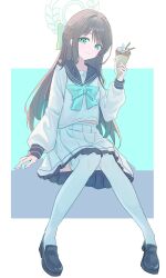  1girl absurdres airi_(blue_archive) black_sailor_collar blue_archive bow bowtie brown_hair commentary crepe food full_body green_bow green_bowtie green_eyes green_halo halo highres holding holding_crepe holding_food huakaifugui_(xiachongyinmeng) ice_cream_crepe loafers long_hair long_sleeves looking_at_viewer sailor_collar school_uniform serafuku shoes sitting skirt solo thigh-highs white_serafuku white_skirt white_thighhighs 
