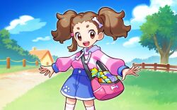  1girl bag blue_shorts blue_sky bone_hair_ornament brown_eyes brown_hair building chew_toy child clouds cowboy_shot day drawstring eyelashes fence frisbee grass hair_ornament hairclip handbag hood hood_down hoodie house long_hair long_sleeves nishida_yuu official_art open_mouth outdoors path paw_print pink_bag pink_hoodie pokemon pokemon_tcg pokemon_tcg_pocket puppy-loving_girl_(pokemon) shorts single_sidelock sky smile solo striped_clothes striped_hoodie teeth thigh-highs third-party_source tree twintails upper_teeth_only white_thighhighs 