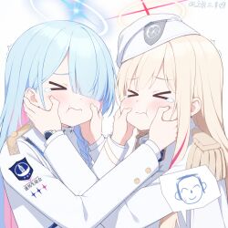  >_< 1boy 2girls aiguillette aqua_halo beret blonde_hair blonde_student_council_president_(blue_archive) blue_archive blue_hair blue_halo blush braid buttons cheek_pinching coat colored_inner_hair commentary_request cross_halo doodle_sensei_(blue_archive) epaulettes general_student_council_logo general_student_council_president_(blue_archive) hair_over_one_eye halo hat highres multicolored_hair multiple_girls mutual_cheek_pinching pinching pink_hair pov red_halo sensei_(blue_archive) shaking shirt side_braid simple_background single_tear sleeves_past_wrists sweatdrop twitter_username user_rkha5854 watch white_background white_coat white_hat white_shirt yellow_halo 
