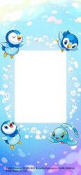  :d blue_eyes bubble closed_eyes colored_sclera commentary_request company_name copyright_name copyright_notice full_body manaphy nishida_yuu no_humans official_art open_mouth piplup pokemon pokemon_(creature) pokemon_focus pokemon_tcg pokemon_tcg_pocket smile u_u yellow_sclera 