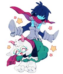  1boy 1other 2525nicc ^_^ animal_ears armor bent_over blue_hair blue_skin closed_eyes colored_skin commentary_request deltarune expressionless fangs flexible furry glasses goat_boy goat_ears green-framed_eyewear hair_over_eyes hands_on_own_knees highres horns jumping kris_(deltarune) open_mouth pants ralsei red_scarf scarf short_hair simple_background smile star_(symbol) utdr_(toby_fox) white_background 