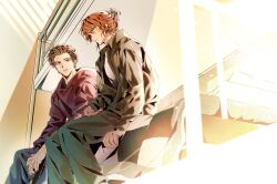  1boy 1girl absurdres bed blush brown_hair commentary english_commentary highres hood hooves jacket jean_grey long_hair looking_at_another marvel orange_hair peter_parker pillow short_hair spider-man:_brand_new_day spider-man_(series) tears w2rom x-men 