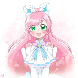  1girl :d absurdres ahoge arm_bow ascot bare_shoulders blue_bow blush bow braid brooch bubble_background commentary cure_prism dokadayo dress dress_bow earrings elbow_gloves english_commentary frills gloves green_eyes hair_between_eyes hair_bow hair_ornament half_up_braid halter_dress halterneck heart heart_ahoge highres hirogaru_sky!_precure jewelry long_hair looking_at_viewer magical_girl medium_dress nijigaoka_mashiro open_mouth pink_background pink_hair precure raised_eyebrows round_teeth side_braids single_earring sleeveless sleeveless_dress smile solo sphere_earrings straight-on swept_bangs teeth two-tone_background upper_body upper_teeth_only white_ascot white_background white_bow white_dress white_gloves wing_hair_ornament 
