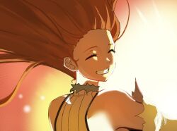  1girl absurdres bare_shoulders bleach bleach:_sennen_kessen-hen brown_hair channyy19 closed_eyes collared_vest detached_sleeves floating_hair highres inoue_orihime light_particles light_rays looking_back ribbed_vest smile torn_clothes vest white_vest 