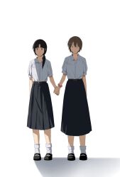  2girls black_hair black_skirt brown_hair couple expressionless highres holding_hands long_skirt multiple_girls original pink_scrunchie school_uniform scrunchie shade shirt short_hair skirt sorarakke symbolism white_background white_shirt wrist_scrunchie yuri 