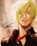  1boy black_gloves blonde_hair blue_eyes cigarette commentary_request eyes_visible_through_hair facial_hair formal gloves goatee highres male_focus necktie one_piece open_mouth red_necktie sanji_(one_piece) short_hair signature sj0302 solo suit teeth 