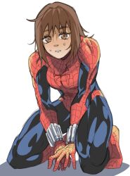  1girl absurdres animal_print blue_bodysuit bodysuit breasts brown_hair commentary english_commentary farmiykay gender_transitioning gender_transitioning_(mtf) genderswap genderswap_(mtf) highres looking_at_viewer marvel multicolored_bodysuit peter_parker petra_parker_(otrebot) short_hair spider-man spider-man_(series) spider_print spider_web_print superhero_costume two-tone_bodysuit web_shooter 