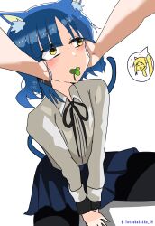  2girls absurdres ahoge animal_ear_fluff animal_ears between_legs black_thighhighs blonde_hair blue_hair blue_tail blush bocchi_the_rock! cat_ears cat_tail clover commentary from_above hair_ornament hairclip hand_between_own_legs hand_on_another's_cheek hand_on_another's_face heart highres ijichi_nijika implied_yuri long_sleeves looking_to_the_side mole mole_under_eye mouth_hold multiple_girls shirt short_hair side_ponytail single_sidelock solo_focus speech_bubble spread_legs tail thigh-highs totsuka_saika_(totsukasaika59) white_shirt yamada_ryo yellow_eyes 