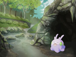  absurdres antennae cave commentary_request goomy highres no_humans open_mouth phantomenon1031 pokemon pokemon_(creature) pokemon_focus rain river slug solo tree water 