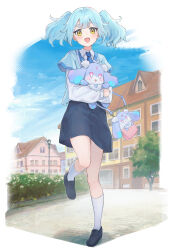  1girl animal_bag bag black_shoes black_skirt blue_hair blue_necktie blue_vest collared_shirt commentary fortu full_body highres holding holding_stuffed_toy looking_at_viewer medium_hair necktie onegai_aipri open_mouth outdoors pretty_series rabbit_bag shirt shoes shoulder_bag skirt smile socks solo standing standing_on_one_leg stuffed_animal stuffed_rabbit stuffed_toy twintails untranslatable_commentary vest white_shirt white_socks yellow_eyes yumemiya_aoi zeroarchive00 