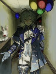 1boy ahoge animal animal_ears animal_nose aqua_gem armor balloon belt black_belt black_choker black_eyes black_gloves black_jacket blood blue_boots blue_cape blue_gem blue_gloves blue_vest boots buttons cape chest_belt chest_of_drawers choker collared_shirt cowboy_shot crossed_bangs cyn_ouo earrings empty_eyes eyelashes gem genshin_impact gloves green_hair hair_between_eyes hands_up highres holding holding_balloon indoors jacket jewelry lapels lohen_(genshin_impact) long_sleeves looking_at_viewer male_focus mole mole_under_eye open_clothes open_jacket pants pendant rabbit rabbit_ears red_eyes ring shadow shirt short_hair shoulder_armor single_earring smile solo standing teeth thigh_boots thigh_strap two-sided_fabric two-sided_gloves two-sided_jacket vest white_fur white_jacket white_pants white_shirt 