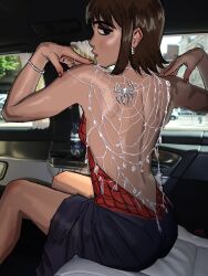  1girl ass back breasts brown_hair earrings formal_clothes genderswap genderswap_(mtf) highres jewelry looking_at_viewer marvel peter_parker petra_parker_(otrebot) short_hair silk spider-man_(series) spider_web spider_web_print zxian_art 