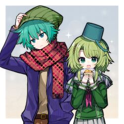  :d aqua_eyes aqua_hair beanie belt belt_buckle blue_background blue_eyes blush_stickers brown_belt bucket_hat buckle commentary curtained_hair dot_nose double-parted_bangs food gradient_background green_hair green_hat green_shirt hair_between_eyes hand_in_pocket hand_on_headwear hand_up hands_up hat highres hiyori_sou holding holding_food jacket kimi_ga_shine kizuchi_kanna light_frown long_sleeves looking_at_viewer looking_to_the_side neckerchief open_clothes open_jacket outside_border parted_bangs pink_neckerchief polka_dot polka_dot_scarf purple_jacket red_scarf scarf school_uniform serafuku shio_0585 shirt short_hair short_hair_with_long_locks skirt smile sparkle sweatdrop unmoving_pattern untranslatable_commentary upper_body white_scarf white_skirt yellow_shirt 