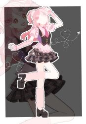  1girl absurdres aircraft airplane arm_warmers bead_bracelet beads black_background black_shoes black_skirt black_vest border bracelet buttons chinese_commentary collar commentary_request decora different_zoom_layer dotted_line faceless faceless_female frilled_shirt frilled_skirt frilled_vest frills full_body gyaru hair_ornament hair_scrunchie hairclip hand_on_own_head happy heart heart_button heart_hair_ornament heart_of_string high_heels highres infinity_nikki jewelry leg_up leg_warmers loafers long_hair miniskirt multicolored_hair necktie nikki_(series) outline outside_border parallel_hairclips pink_arm_warmers pink_hair pink_leg_warmers pink_necktie pink_scrunchie pink_shirt plaid_clothes plaid_skirt platform_shoes puffy_short_sleeves puffy_sleeves rosie_sweetheart_(infinity_nikki) scrunchie shanfengzhu shirt shoes short_sleeves skirt solo split-color_hair star_(symbol) star_hair_ornament tie_clip two_side_up vest white_border white_outline y2k_fashion zoom_layer 