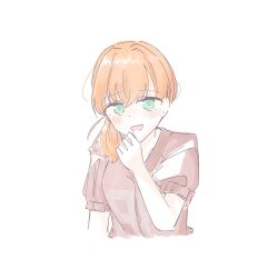 1girl :d clothes_writing cropped_torso green_eyes highres hinoshita_kaho love_live! love_live!_hasu_no_sora_jogakuin_school_idol_club low_side_ponytail medium_hair miha_(mihasu_ll) nirei_nozomi open_mouth orange_hair red_shirt seeno_de!_hasu_no_sora! shirt short_sleeves side_ponytail simple_background smile solo upper_body virtual_youtuber voice_actor_connection white_background 