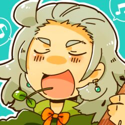  1boy bard_(sekaiju) bard_3_(sekaiju) bow bowtie closed_eyes commentary_request earrings eighth_note grey_hair hand_up holding jewelry light_blush lowres male_focus medium_hair motimamire mouth_hold musical_note open_mouth orange_bow orange_bowtie portrait sekaiju_no_meikyuu sekaiju_no_meikyuu_1 smile solo spoken_musical_note stalk_in_mouth 