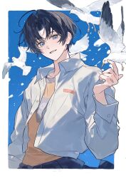  1boy bird bird_on_hand black_hair blue_background blue_eyes border chinese_commentary commentary_request dove highres jacket long_sleeves looking_at_viewer male_focus nonoiaza open_clothes open_jacket outside_border quanzhi_gaoshou shirt short_hair smile solo upper_body white_border white_jacket yu_wenzhou 