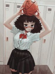  1girl absurdres afro bags_under_eyes ball basketball_(object) black_eyes black_hair black_skirt black_thighhighs blush breasts casato commentary ellie_(casato) english_commentary highres holding holding_ball locker locker_room medium_breasts miniskirt original red_ribbon ribbon shirt skirt thigh-highs white_shirt yaranaika zettai_ryouiki 