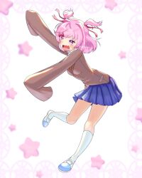  1girl absurdres blazer blue_skirt blush breasts brown_jacket commentary doki_doki_literature_club doki_doki_literature_club_school_uniform english_commentary eyelashes fang full_body hair_intakes hair_ornament hair_ribbon highres jacket kneehighs long_sleeves medium_hair natsuki_(doki_doki_literature_club) open_mouth pink_eyes pink_hair popidoru red_ribbon ribbon school_uniform shoes skin_fang skirt sleeves_past_fingers sleeves_past_wrists small_breasts socks solo star_(symbol) twitter_username two_side_up white_background white_shoes white_socks 