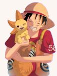  1boy alternate_form black_hair clenched_teeth closed_eyes commentary_request hat highres male_focus monkey_d._luffy one_piece one_piece_film:_red scar scar_on_cheek scar_on_face short_hair short_sleeves simple_background smile solo straw_hat suzu_(suzuran_piece) teeth thousand_sunny white_background 