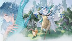  1girl absurdres barefoot bird blue_bird blue_eyes blue_hair chinese_clothes closed_mouth commentary crossed_legs deer fiery_horns fingernails floating floating_object floating_sword floating_weapon forehead_tattoo fox grass hanfu highres holding holding_instrument horns instrument long_hair official_alternate_costume outdoors qingxiao_(wuthering_waves) riding riding_animal ruoruoqiu split_theme sword tattoo weapon white_hanfu wuthering_waves zither 