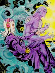  1boy 1other bracelet coat colored_skin commentary cup english_commentary hat headphones highres holding holding_cup jewelry jojo_no_kimyou_na_bouken leone_abbacchio long_coat long_hair long_sleeves makeup male_focus moody_blues_(stand) painting_(medium) pants purple_coat purple_hat purple_lips purple_pants purple_skin stand_(jojo) traditional_media vento_aureo watercolor_(medium) white_hair xfkart yellow_eyes 