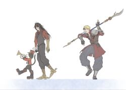 2boys armor armored_boots black_hair black_necktie black_pants black_vest blonde_hair boots cait_sith_(ff7) cat cid_highwind cid_highwind_(flying_captain) coat commentary_request final_fantasy final_fantasy_vii final_fantasy_vii:_ever_crisis from_side full_body gauntlets goggles goggles_on_head hat headband highres holding holding_instrument holding_polearm holding_trumpet holding_weapon instrument long_hair looking_at_another male_focus msa_mne multiple_boys necktie official_alternate_costume pants playing_instrument polearm red_coat red_hat red_headband red_shirt shirt short_hair shoulder_armor single_gauntlet trumpet vest vincent_valentine vincent_valentine_(bouncer_suit) weapon white_background 