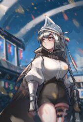  1girl absurdres alk_(4lk_uq) arknights black_cape black_shorts breasts cape confetti fartooth_(arknights) gauntlets grey_hair highres holding holding_weapon long_hair looking_to_the_side medium_breasts shirt shorts solo stadium visor_(armor) visor_lift weapon white_shirt yellow_eyes 