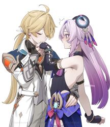  1boy 1girl aether_(as_heaven_and_earth_are_made_anew)_(genshin_impact) aether_(genshin_impact) ahoge arm_armor arm_around_another's_waist bare_shoulders black_gloves blonde_hair blue_eyes blue_jingasa blush braid breasts citlali_(genshin_impact) coat cryo_symbol_(genshin_impact) facial_mark feathers floating_headgear genshin_impact gloves hair_between_eyes hair_intakes hair_ornament headgear hetero highres holding_hands jacket kiss kissing_hand leotard long_hair long_sleeves low_ponytail mandarin_collar miya_hayashi_(ummd7854) multicolored_hair official_alternate_costume official_alternate_hairstyle open_mouth pants partially_fingerless_gloves pink_hair pink_pupils ponytail purple_feathers purple_sarong ring_hair_ornament sarong triangle triangle_facial_mark turtleneck turtleneck_leotard very_long_hair vest white_coat white_jacket white_vest 