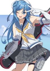  1girl absurdres adapted_turret beret blue_eyes blue_hair blue_sailor_collar breasts cannon donut_hair_bun double_bun elbow_gloves gloves grey_skirt hair_bun hat highres kantai_collection kikuchi-shoogo large_breasts long_hair looking_at_viewer neckerchief open_mouth outdoors rigging sailor_collar sailor_hat school_uniform serafuku ship_turret shirt skirt sleeves_rolled_up smokestack solo torpedo_launcher torpedo_tubes urakaze_(kancolle) v white_gloves white_hat white_shirt yellow_neckerchief 