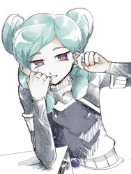  1girl aqua_hair belt beta_(inazuma_eleven) black_vest bodysuit breasts commentary double_bun elbow_on_table grey_bodysuit hair_bun hand_up head_rest highres inazuma_eleven_(series) inazuma_eleven_go inazuma_eleven_go_chrono_stone long_sleeves looking_to_the_side no_pupils open_mouth pants small_breasts smile solo table twirling_hair untranslatable_commentary vest violet_eyes white_background white_belt yuyqqqv_v42 