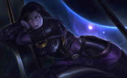  1girl black_hair black_sclera bodysuit bright_pupils colored_sclera colored_skin highres light_smile looking_at_viewer mass_effect_(series) missing_headwear purple_skin skinky tali'zorah white_pupils 