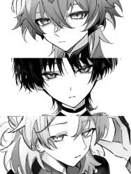  3boys absurdres albedo_(genshin_impact) birthmark blunt_ends braid chinese_commentary close-up closed_mouth commentary_request crossed_bangs dragon_boy dragon_horns durin_(genshin_impact) empty_eyes expressionless eyeshadow genshin_impact gloves greyscale hair_between_eyes half-closed_eyes half_up_braid hand_on_own_head hand_up highres hood hoodie horns jewelry looking_at_viewer low_ponytail makeup male_focus mandarin_collar monochrome multiple_boys necklace open_mouth ponytail red_eyeshadow scaramouche_(genshin_impact) scaramouche_(harbinger)_(genshin_impact) shirt short_hair short_ponytail sidelocks simple_background suyi42478390 teeth turtleneck turtleneck_shirt two-sided_gloves 