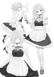  1girl absurdres apron back_bow bow braid closed_mouth commentary_request curtsey dress full_body greyscale hair_bow harimoto_09 high_heels highres holding holding_knife holding_own_dress izayoi_sakuya knife long_hair looking_at_viewer maid maid_headdress monochrome multiple_views neck_ribbon puffy_short_sleeves puffy_sleeves ribbon short_sleeves sleeve_bow smile socks touhou twin_braids waist_apron 