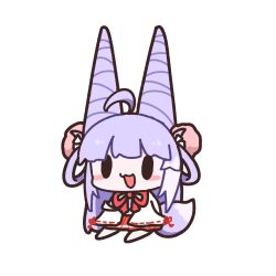  1girl :3 ahoge animal_ears barefoot black_eyes chibi chibi_only commentary_request cone_hair_bun double_bun fox_ears fox_girl fox_tail full_body grey_shirt hair_bun hair_ears hair_ornament hair_rings highres korean_commentary leemile0505 long_hair multicolored_hair neck_ribbon open_mouth pom_pom_(clothes) pom_pom_hair_ornament purple_hair purple_tail red_ribbon red_skirt ribbon ribbon-trimmed_sleeves ribbon_trim shirt simple_background skirt solid_oval_eyes solo stellive streaked_hair tail tenko_shibuki tenko_shibuki_(1st_costume) two-tone_tail very_long_hair white_background white_streaks white_tail white_trim 