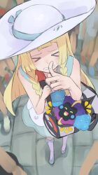  >_< 1girl 1other bag blonde_hair blue_shoes braid closed_eyes commentary_request cosmog dress finger_to_mouth full_body hat highres ippers kneehighs lillie_(pokemon) long_hair looking_at_viewer open_mouth pokemon pokemon_(creature) pokemon_sun_and_moon shoes shoulder_bag shushing socks sun_hat twin_braids white_dress white_hat white_socks 