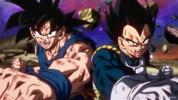  2boys battle_damage black_hair blue_bodysuit bodysuit dragon_ball dragon_ball_super gloves highres male_focus multiple_boys orange_pants pants saiyan saiyan_armor son_goku space spiky_hair toraberaaa torn_clothes vegeta white_gloves 