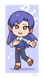  1girl :d artist_name beamed_eighth_notes belt blue_hair blue_sweater_vest brown_belt brown_eyes brown_shoes commentary_request deformed eighth_note full_body idolmaster idolmaster_(classic) kayama_taiga kisaragi_chihaya long_hair looking_at_viewer musical_note pants quarter_note shoes smile solo sparkle standing striped_clothes striped_pants sweater_vest vertical-striped_clothes vertical-striped_pants 