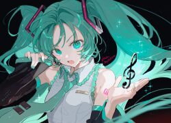  1girl :o aqua_eyes aqua_hair aqua_nails aqua_necktie aqua_trim artist_name bare_shoulders black_background black_sleeves collared_shirt commentary_request detached_sleeves gradient_background grey_shirt hair_ornament hands_up hatsune_miku headset highres long_hair looking_at_viewer makoto_(roketto-massyumaro) necktie number_tattoo open_mouth shirt signature simple_background sleeveless sleeveless_shirt solo sparkle tattoo teeth tie_clip treble_clef twintails upper_body upper_teeth_only very_long_hair vocaloid 