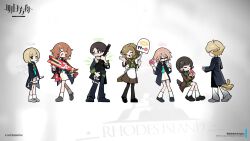  >_< 2boys 5girls angel angel_wings antique_firearm apron aqua_necktie arknights bag bird_girl bird_tail black_coat black_eyes black_hair black_shoes blonde_hair blue_pants blue_shoes blue_sweater brown_coat brown_hair brown_shirt brown_skirt character_bag check_weapon closed_eyes closed_mouth coat copyright_name cup detached_wings doughnut dress drinking eating energy_wings exusiai_(arknights) food from_behind glasses green_halo green_neckerchief green_shirt green_wings grey_shoes gun halo highres holding holding_cup holding_donut holding_food holding_gun holding_sign holding_weapon hood hooded_coat knees_together_feet_apart long_hair mary_janes mifen33 multiple_boys multiple_girls neckerchief necktie official_art open_clothes open_coat open_mouth pants persona persona_3 pink_hair pink_halo pink_wings pouch red_bag rhodes_island_logo_(arknights) rifle scarf school_uniform semi-rimless_eyewear shirt shoes short_hair shoulder_bag sign sitting skirt smile socks standing sweater tail thigh_pouch under-rim_eyewear waitress weapon weapon_request white_apron white_background white_dress white_halo white_pants white_shoes white_socks white_wings wings yellow_pupils yellow_scarf 