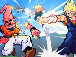  2boys amputee aqua_eyes black_sclera blonde_hair blue_pants blue_shirt colored_sclera colored_skin commentary day dismemberment dougi dragon_ball dragon_ball_z duel earrings english_commentary flying gloves highres jewelry majin_buu male_focus multiple_boys orange_shirt outdoors pants phantomarcade pink_skin potara_earrings severed_arm severed_limb shirt spiky_hair super_buu super_saiyan super_saiyan_1 vegetto white_gloves white_pants 