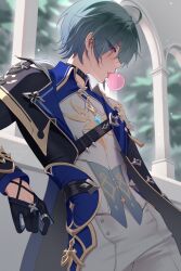  1boy absurdres ahoge aqua_gem architecture armor belt black_belt black_choker black_gloves black_jacket blowing_bubble_gum blue_gloves blue_jacket buttons chewing_gum choker collared_shirt commentary cowboy_shot day empty_eyes eyelashes gem genshin_impact gloves green_hair hair_between_eyes highres jacket jewelry lapels lohen_(genshin_impact) looking_at_viewer male_focus miiikaccino open_clothes open_jacket pants ring shirt shoulder_armor shoulder_belt solo standing tassel thigh_strap tongue tongue_out tree two-sided_fabric two-sided_gloves two-sided_jacket vest violet_eyes white_pants white_shirt white_vest 