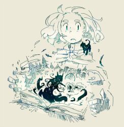  1boy 1girl 2others animal_on_shoulder bard_(sekaiju) bard_3_(sekaiju) book bow bowtie commentary_request fingernails grey_background looking_at_animal monochrome monster_girl motimamire multiple_others open_book parted_lips scylla_(sekaiju) sekaiju_no_meikyuu sekaiju_no_meikyuu_2 short_hair simple_background tentacles thick_eyebrows tree upper_body 
