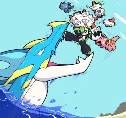  6+others absurdres anger_vein angry baby_animal beach bird blue_sky cat cattiva chicken chikipi commentary depresso dragon english_commentary falling falling_feathers feathers highres jormuntide lamb lamball leaf leafan_(palworld) lifting_animal multiple_others ocean open_mouth outdoors palworld panda pink_fur red_eyes sand scared sheep sky spread_legs usagibun1 water 